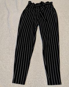 Linen paper bag pants - black with white stripes - elastic waist w/ tie - small